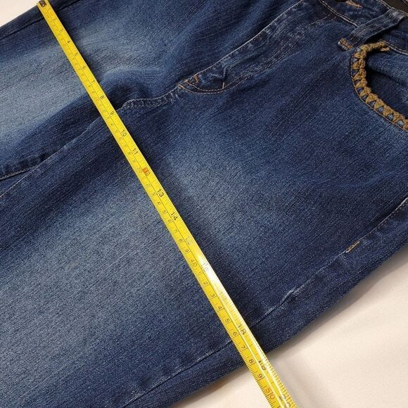 8 CROCHETED TRIM POCKETS BOHO KIKT WIDE LEG FLARE BLUE TAN BOHEMIAN JEANS - Picture 3 of 15